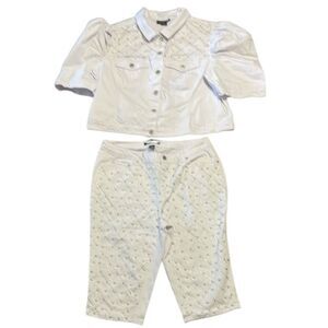 Ashley Stewart bejeweled white Jean Jacket and Crop pants, 22/24